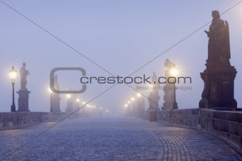 Czech republic Prague - Charles bridge on foggy morning