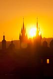 czech republic, prague - spires of the old town and tyn church at sunrise