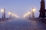 czech republic prague - charles bridge on foggy morning