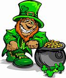 Smiling St. Patricks Day Leprechaun with Pot of Gold