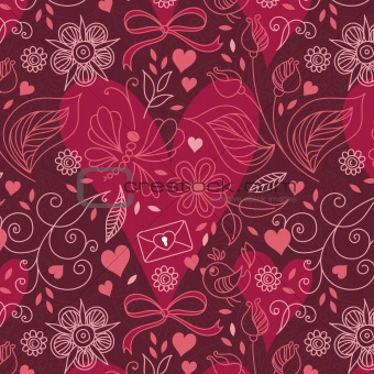 Seamless texture with hearts and flowers.