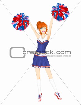 Cheerleader in blue skirt with pom-poms