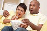 Happy African American Woman Couple Eating Popcorn