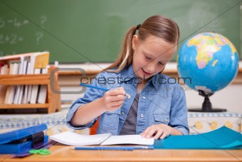 Smiling schoolgirl doing classwork