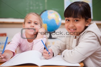 Smiling schoolgirls doing classwork