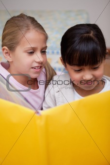 Portrait of cute schoolgirls reading
