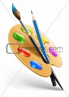 Art palette with paint brush and pencil tools for drawing