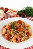 Spaghetti with tomatoes and shrimp