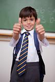 Portrait of a smiling schoolboy with the thumbs up