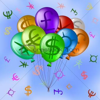 Balloons with currency signs in sky