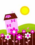 Fantasy country with house and spring flowers