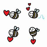 Cute flying doodle bee set with Valentine's red heart  isolated 