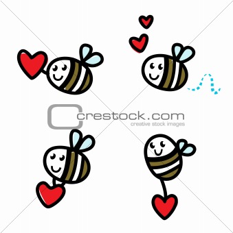 Cute flying doodle bee set with Valentine's red heart  isolated 