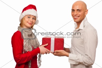 Christmas gift - Girl in santa dress giving a gift to a man