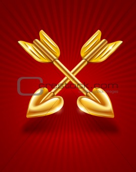 two crossed gold arrows of cupid with hearts