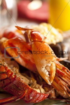 Dish with cooked crabs and lobsters