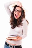 Shouting young woman with books