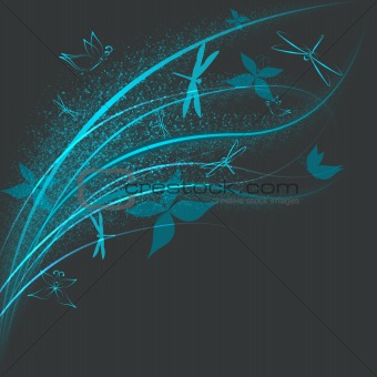Nature abstract background. Butterflies and dragonflies flying u