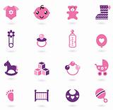 Vector pink Icons collection for baby girl isolated on white