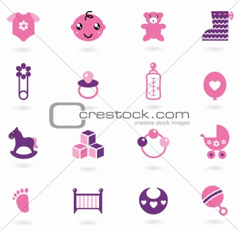 Vector pink Icons collection for baby girl isolated on white