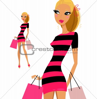 Blond woman shopping woman isolated on white background