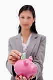 Money being put into piggy bank by businesswoman