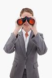 Bank employee looking through spyglasses