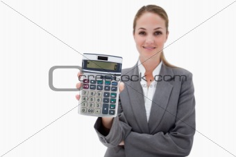 Bank employee showing her pocket calculator