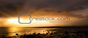 Sunset panoramic scene on Meon beach UK