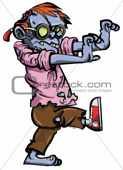 Cartoon zombie with exposed brain. Isolated on white