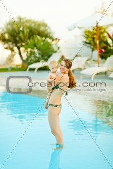 Smiling young mother with baby standing in swimming pool