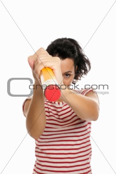 Young woman with big pencil eraser rubber isolated on white background