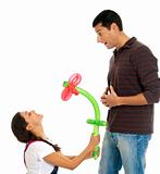 Young couple gift balloon flower valentine´s day isolated
