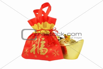 Chinese New Year Gift Bag and Gold inpgot Ornament
