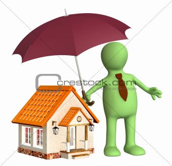 Man holding umbrella over house