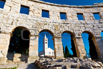 Ancient Roman Amphitheater and Church in Pula, Istria, Croatia