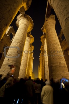 Columns in an ancient egyptian temple at night