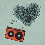 Vintage audiocassette illustration with heart shaped messy tape.