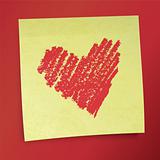 Yellow sticky note with Valentine`s heart. Vector illustration, 