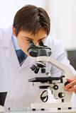 Researcher working with microscope in laboratory