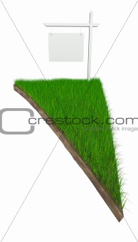 Sign on piece of land with grass isolated on white