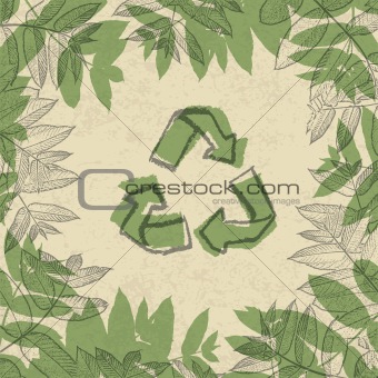 Recycle symbol, printed on reuse paper. In frame of leaves. vect