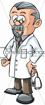 Cartoon doctor in white coat. Isolated on white