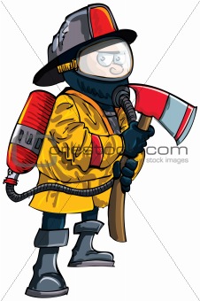 Cartoon fireman in a mask with an axe. Isolated on white