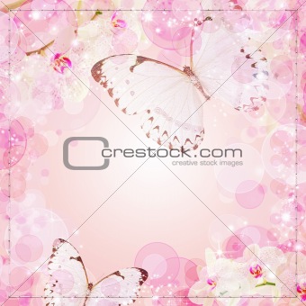 Butterflies and orchids flowers pink background