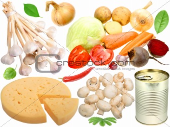 Set of fresh vegetables and other food