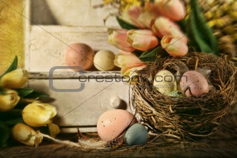 Eggs and tulips with nostalgic feeling for Easter