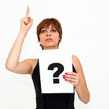 woman with board question mark sign 