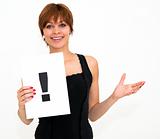 woman with board exclamation point