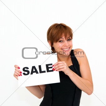 young woman with board sale 